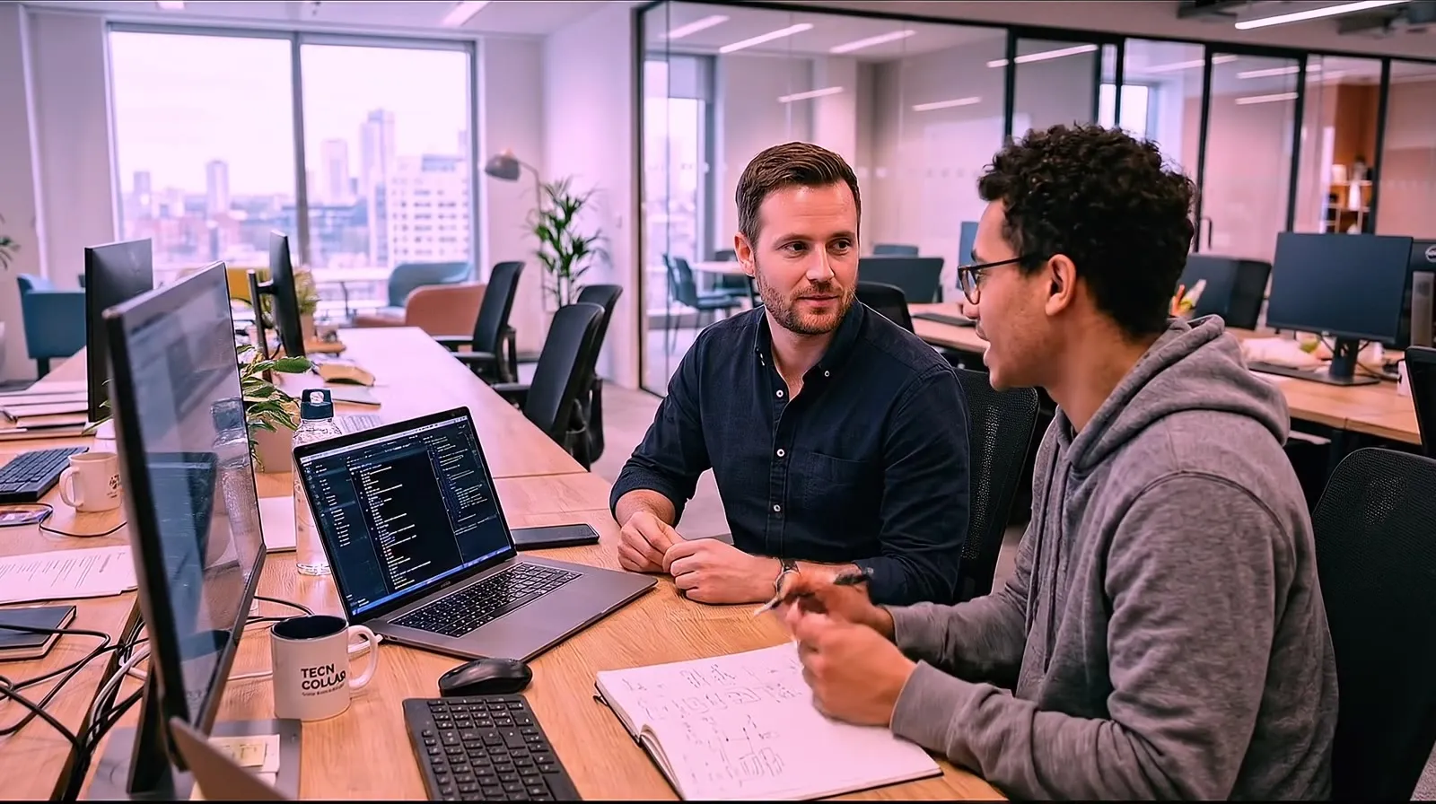 Zwei Personen besprechen Programmcode an einem Notebook im Grossraumbüro