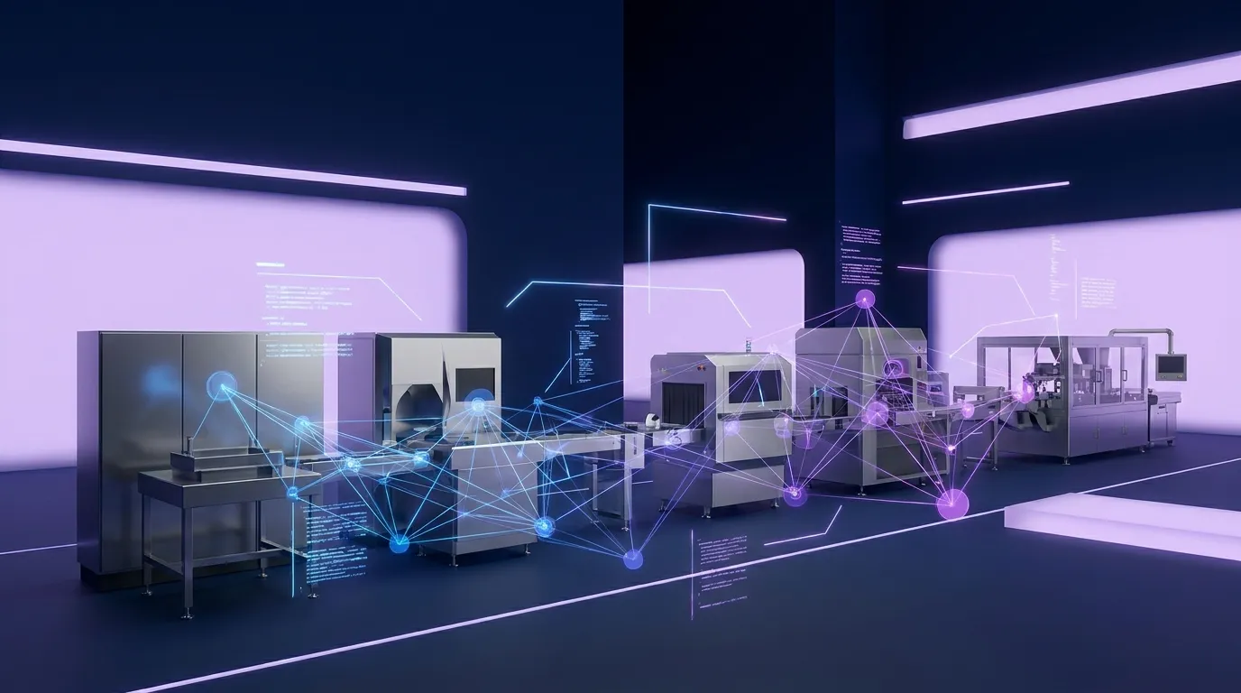 Gerenderte Fertigungslinie aus Maschinen und Förderband in violettem und blauem Licht, darüber ein eingeblendetes Netz aus Knoten und Linien.