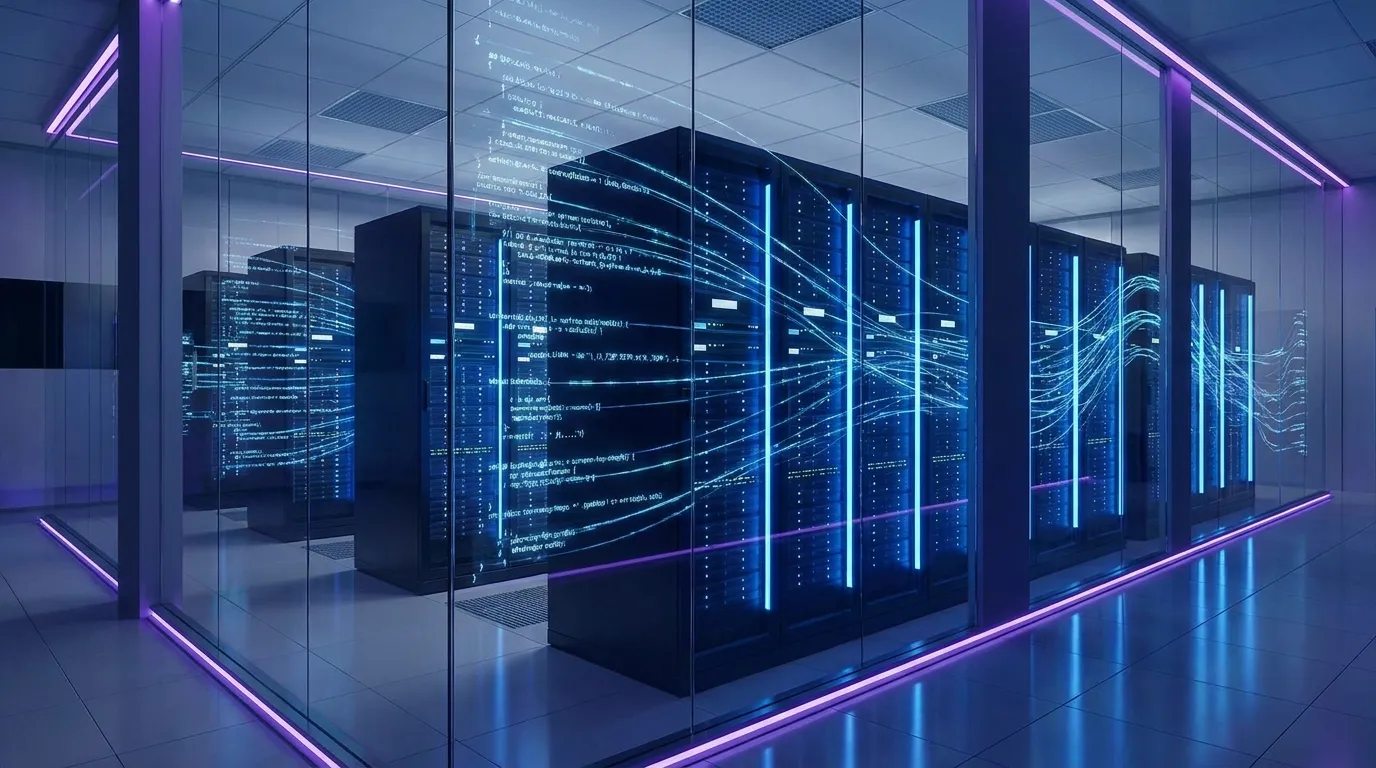 Rechenzentrum mit Reihen von Serverschränken hinter Glaswänden, blau beleuchtet, mit eingeblendeten Codezeilen.