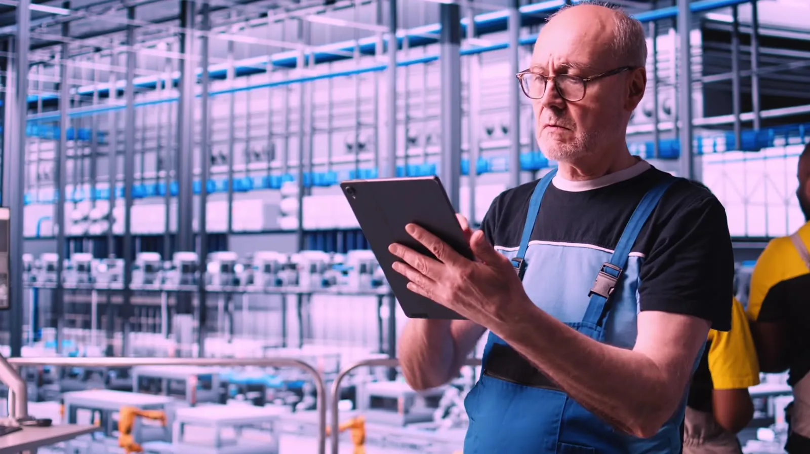 Mitarbeiter in Arbeitskleidung prüft Daten auf einem Tablet in einer Fertigungshalle